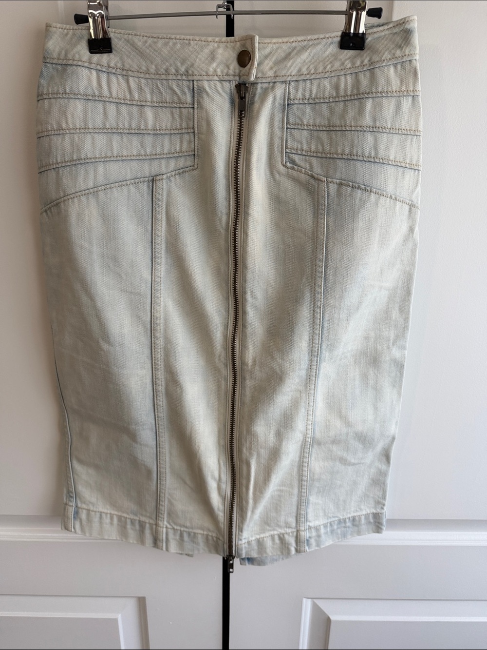 Anthropologie Light Wash Denim Skirt with Floral Trim